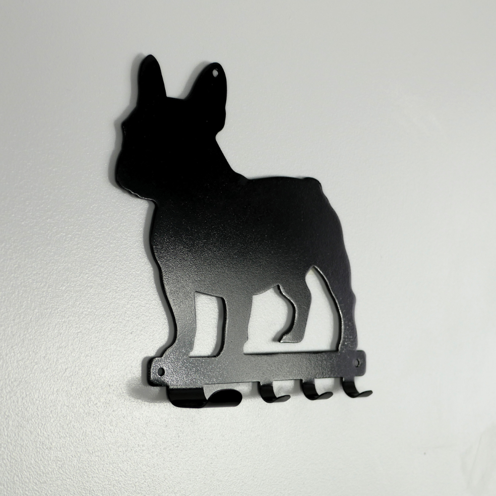 A french bulldog shaped metal black dog lead and key rack.