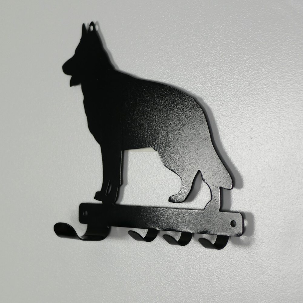 A german shepard shaped metal black dog lead and key rack.