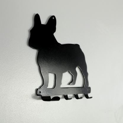 A french bulldog shaped metal black dog lead and key rack. 