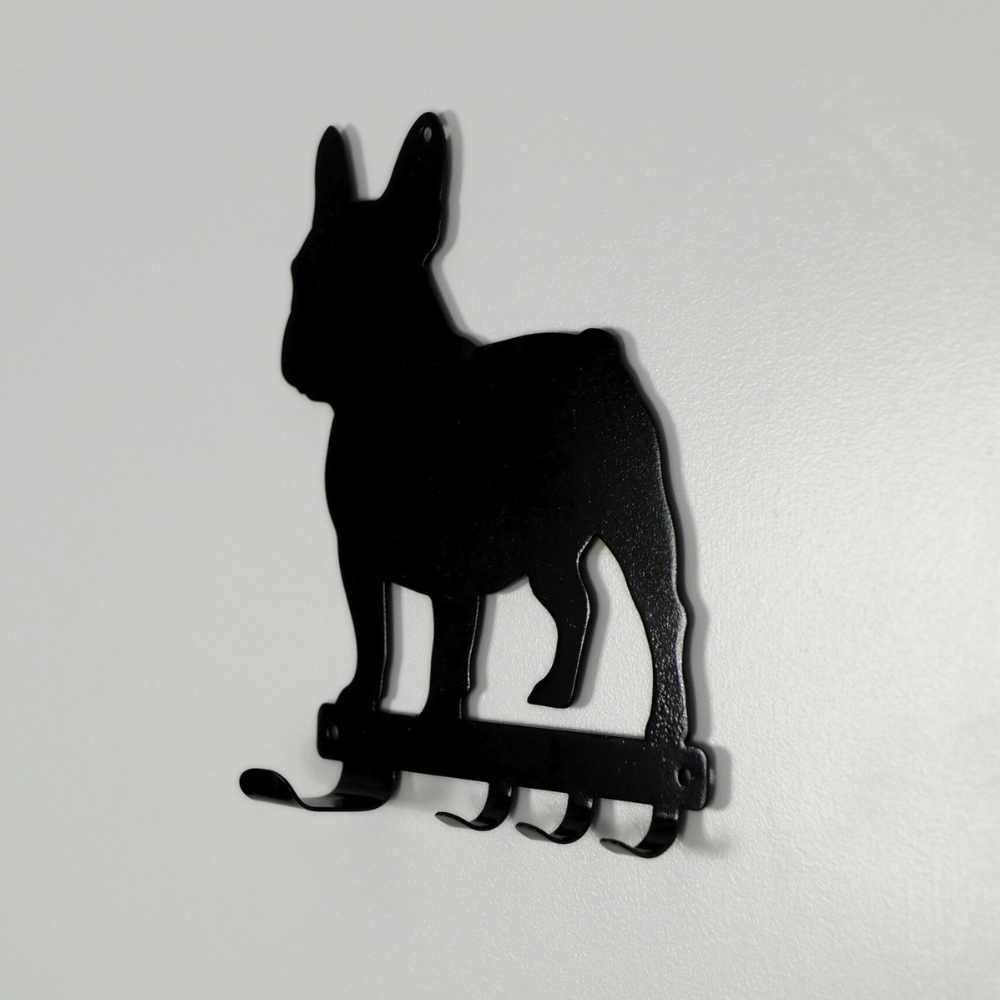 A french bulldog shaped metal black dog lead and key rack.