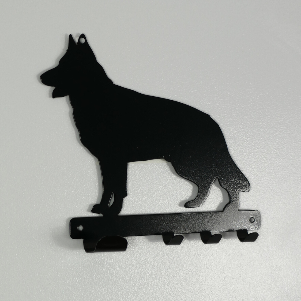 A german shepard shaped metal black dog lead and key rack.