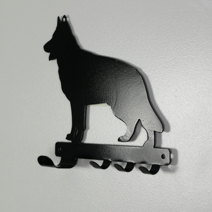 A german shepard shaped metal black dog lead and key rack. 